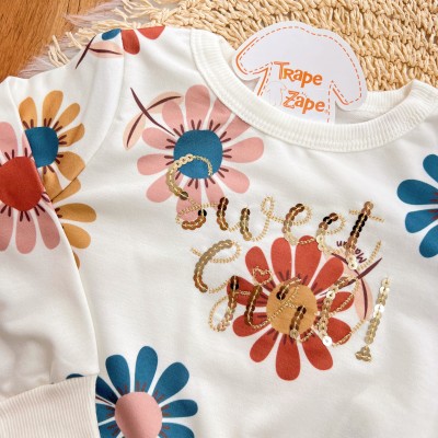 Conj. Blusão Manga Longa Sweet Girl e Calça Legging Floral - Off White